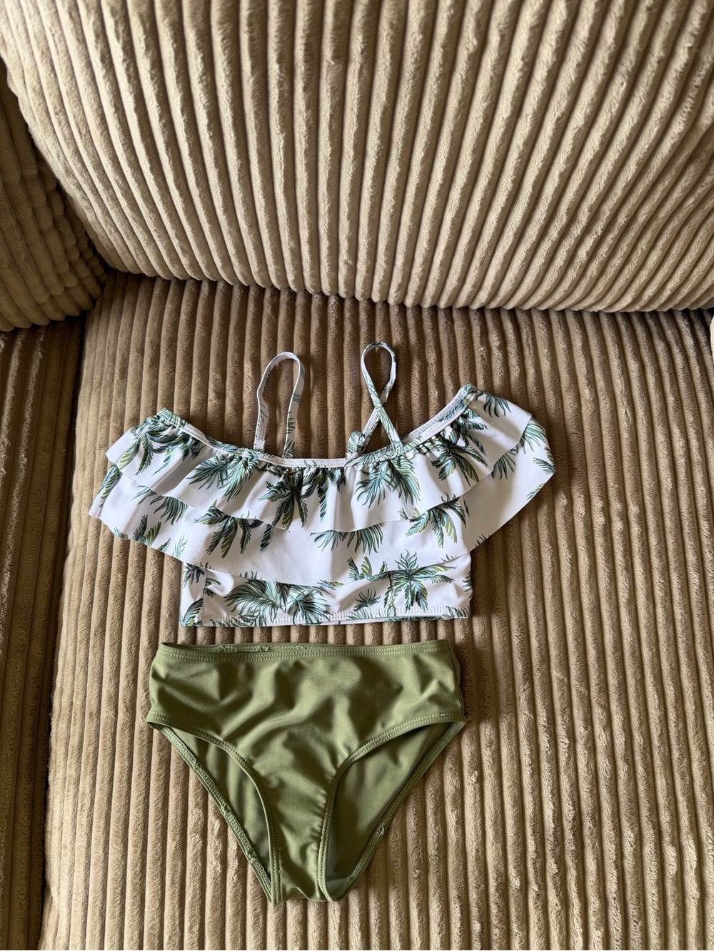 SHEIN Olive Green Palm Ruffle Two-Piece Kids Swim Set